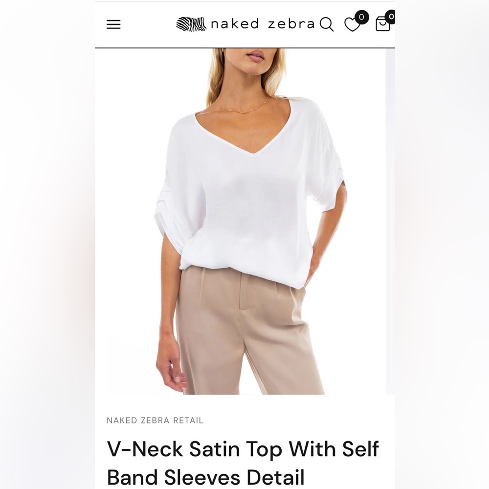 Naked Zebra V-neck Satin Top - white- Size M - NWT